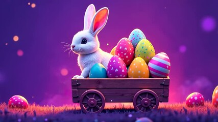 Adorable rabbit pulling wagon of colorful easter eggs against vibrant purple background, celebrating easter joy and whimsy