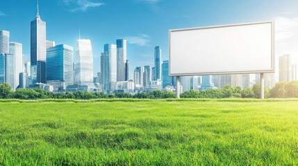 Obraz premium Blank billboard in green field with city skyline.