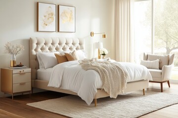 Modern elegant bedroom with beige accents and cozy textures in natural light