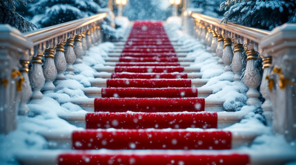 Elegant snow-covered staircase with red carpet in winter wonderland