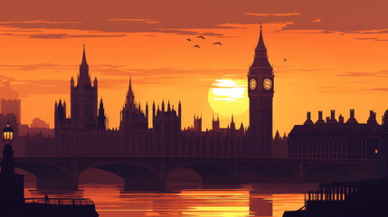 London cityscape with Houses of Parliament and Big Ben tower at sunset, UK