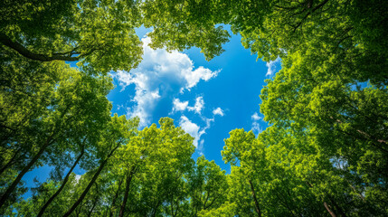 Obraz premium Lush green forest canopy with blue sky and clouds view from below