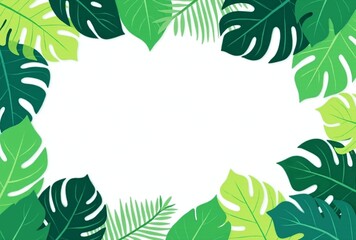Fototapeta premium Frame made of ropical leaves on white background. Minimalist exotic jungle plants. Green monstera and palm foliage. Eco, environment and nature concept. Template, layout, copy space, place for text. 