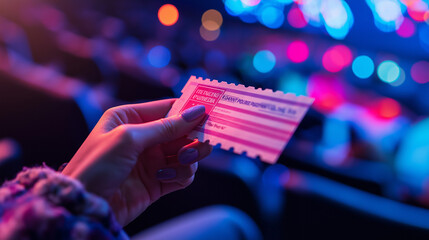 Hand Holding Event Ticket in a Colorful Auditorium