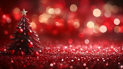 Red Christmas Tree with Sparkling Glitter Background