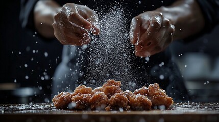 Fototapeta premium Chef seasoning fried chicken with powder.