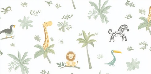 Obraz premium Cute safari animals and vegetation, isolated on white, for a modern nursery design with baby kids in mind