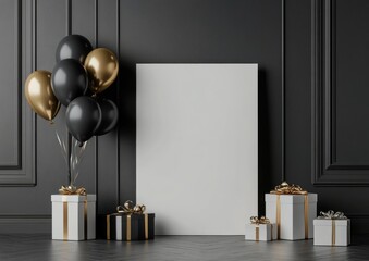 Blank poster mockup with gifts and balloons.