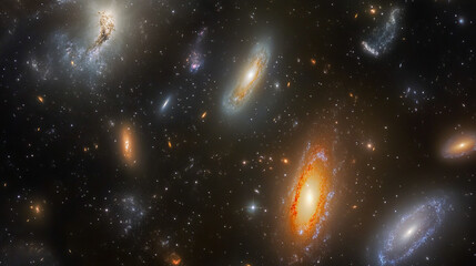 Fototapeta premium Stunning galactic landscape featuring spiral and elliptical galaxies in deep space
