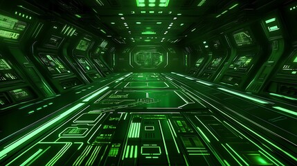 Futuristic Green Corridor Spaceship Interior Design