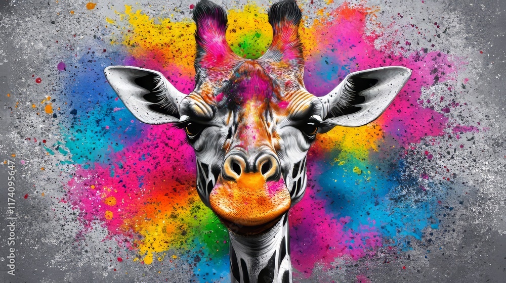 Poster dynamic and colorful watercolor painting of a giraffe in the wild, showcasing vigorous brushwork and
