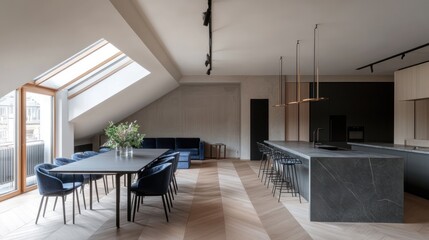 Modern loft apartment kitchen, dining, city view