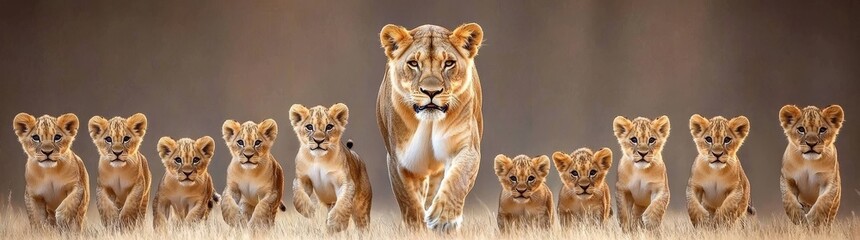 Obraz premium Setting sun highlights lions standing in the savanna, among a group of wild animals in nature. Horizontal, banner format