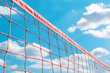 A yellow ball for summer sports games positioned in front of a beach volleyball or tennis net, with a clear blue sky behind, suitable for sport events. Features copy space