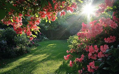 Sunlit garden with blooming pink azaleas and lush green lawn.