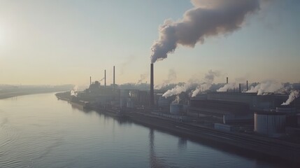 Industrial Pollution Over a River at Dawn