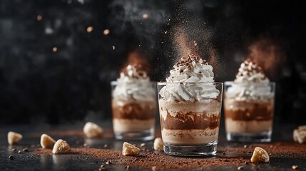 Creamy chocolate dessert in glasses with cocoa powder.