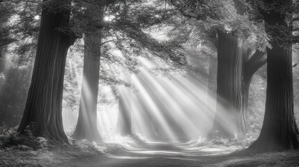 Sunbeams Illuminate Misty Forest Path Between Tall Trees