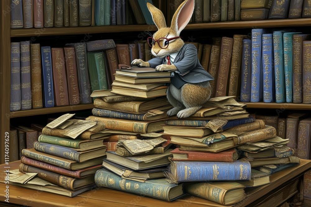 Poster a generative ai image portrays a rabbit busy at work in an office environment