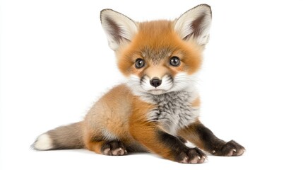 Obraz premium Wild red fox cub with big curious eyes and fluffy orange fur sitting on a pure white background, displaying its innocence and playfulness
