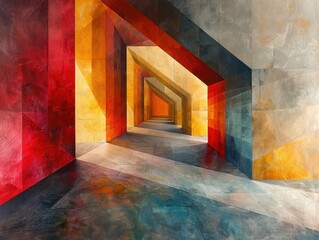 Obraz premium Abstract corridor with vibrant colors and geometric shapes creating depth.