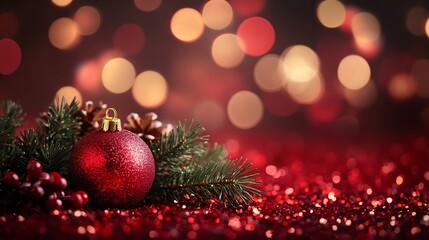 Fototapeta premium Festive Christmas Ornament with Red Glitter Background