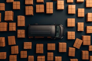 Top-down view of a delivery van surrounded by neatly packed parcels, ready for shipping on a sleek dark background.