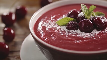 Delicate cherry soup garnished with fresh cherries, mint, and powdered sugar