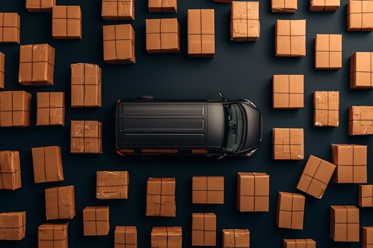 Top-down view of a delivery van surrounded by neatly packed parcels, ready for shipping on a sleek dark background. - Powered by Adobe
