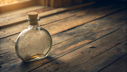 Glass bottle on wooden table,  round bottle mockup