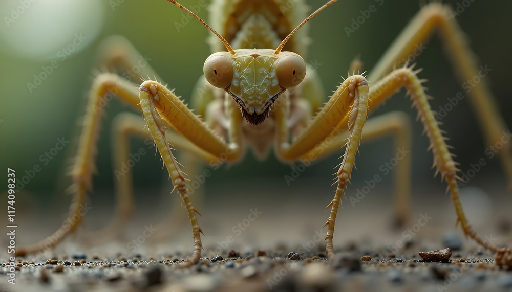 Poster intricate macro shot of a praying mantis in 4k: a detailed close-up of a tiny creature in nature