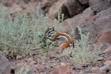 Obraz premium A Golden-Mantled Ground Squirrel is seen on rocks, eating, in Rocky Mountain National Park, located in Colorado, USA