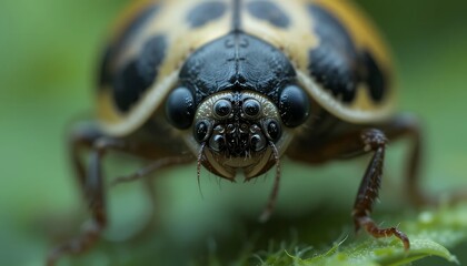 Fototapeta premium Intricate Macro Shot of a Ladybug: 4K High-Resolution Insect Close-Up, Detailed Texture, Vibrant Colors, Nature Photography, Stunning Wildlife Detail, Extreme Close-Up View
