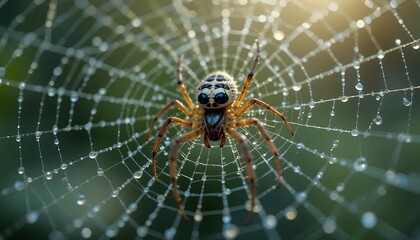 Intricate Macro Shot of a Spider on its Dew-Kissed Web, 4K High-Resolution Nature Photography - Captivating Detail of Arachnid in its Natural Habitat, Stunning Colors, Sharp Focus
