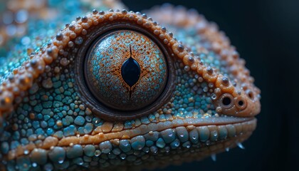Obraz premium Intriguing Macro Shot of a Gecko's Eye: 4K High-Resolution Detail, Vibrant Colors, and Textured Skin. Captivating Wildlife Close-up Photography. Exotic Reptile Portrait. Nature's Masterpiece.