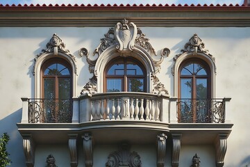 Obraz premium Elegant facade featuring ornate windows and a decorative balcony.