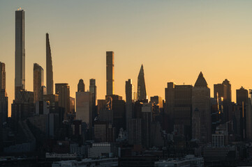 Manhattan skyscrapers skyline, stunning morning light, city scape water reflection, travel...