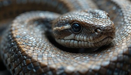 Fototapeta premium Macro Close-up of a Coiled Snake's Head, 4K High-Resolution Wildlife Photography: Intricate Scales, Detailed Texture, Mysterious Gaze in Brown and Grey Hues. Captivating, Detailed Image of a Wild 