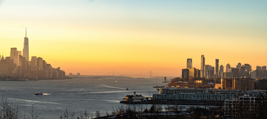 Manhattan skyscrapers skyline, stunning morning light, city scape water reflection, travel...