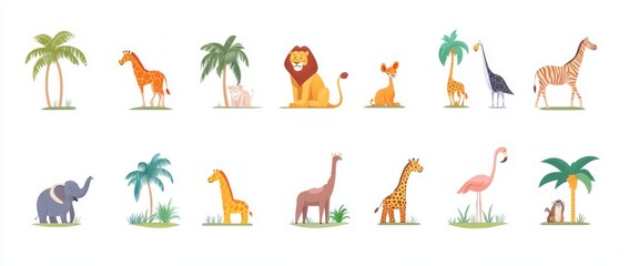 Elephant, parrot, lion, crocodile, turtle, and palm tree
