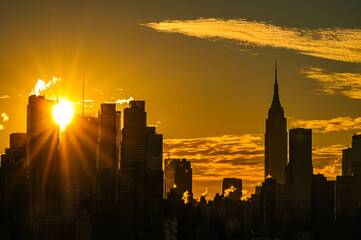 Manhattan skyscrapers skyline, stunning morning light, city scape water reflection, travel...