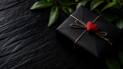 A black box with a red heart on it sits on a black background