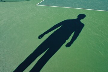 Tennis under the sun. A young man's shadow is cast on the court as he plays