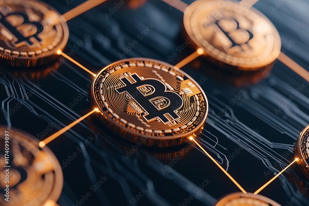 Poster a captivating glimpse into the vibrant world of cryptocurrency through a glowing blockchain network 