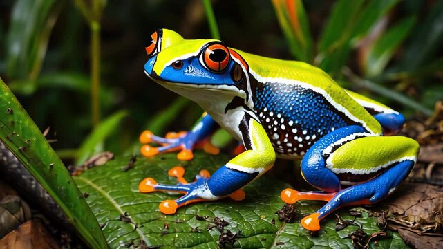 Colorful frog perched on leaf among lush vegetation, showcasing nature&rsquo;s beauty and vibrant biodiversity in tropical rainforest
