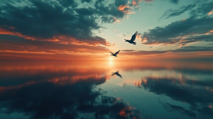 Obraz premium Two birds flying over calm ocean at sunset.