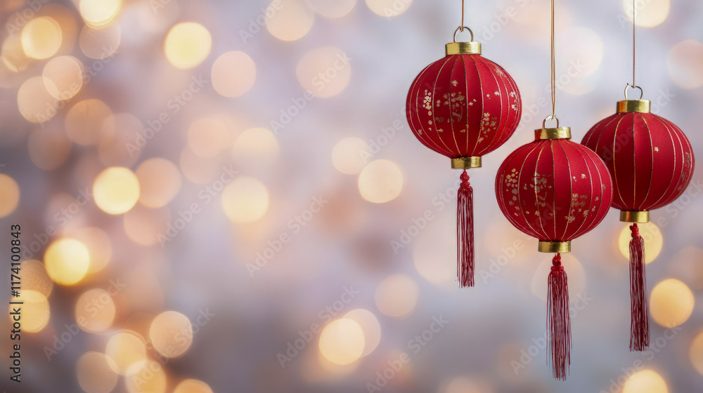 Poster red lanterns hanging against soft bokeh light background