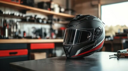 Obraz premium Black motorcycle helmet on workbench in workshop.