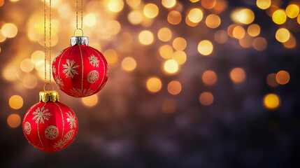 Red holiday ornaments with golden patterns on sparkling bokeh background