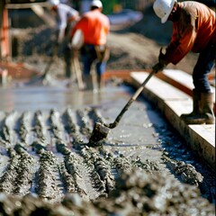 Naklejka premium Construction Worker Spreading Wet Concrete with Long-Handled Shovel